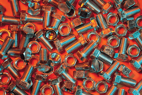 gray nuts and bolts, nuts, bolts, metal, orange background, HD wallpaper HD wallpaper