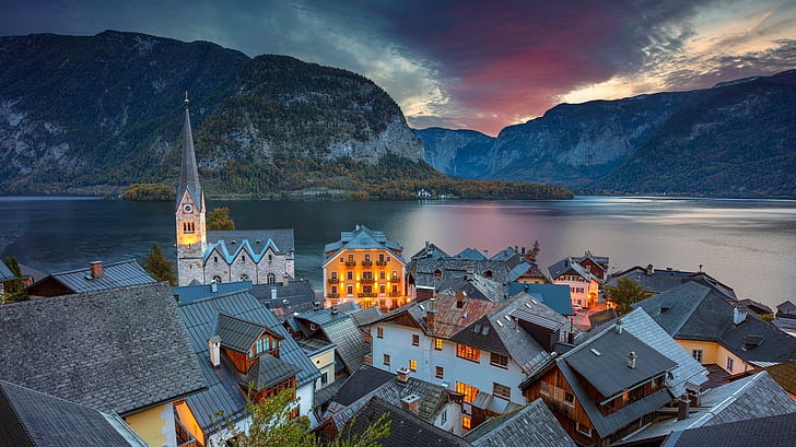 Berge, Hallstatt, Kirche, Österreich, Dächer, See, HD-Hintergrundbild