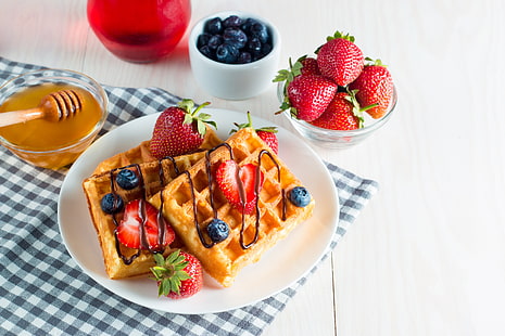  Food, Waffle, Berry, Breakfast, Fruit, Honey, Still Life, Strawberry, HD wallpaper HD wallpaper