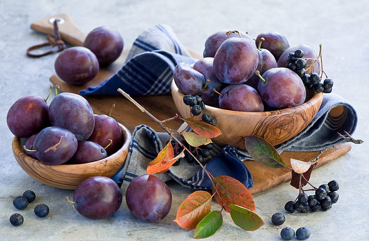plums, chokeberry, berries, mountain ash, fruits, HD wallpaper
