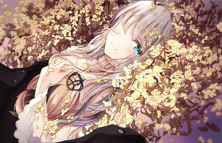 anime, anime girls, fallen heaven, Fate Series, Fate/Grand Order, anastasia (fate/grand order), looking at viewer, long hair, white hair, blue eyes, smiling, dress, lying down, lying on back, flowers, hand on chest, HD wallpaper