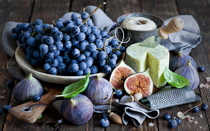 food, lunch, fig, Black Grapes, grapes, blueberries, cheese, fruit, HD wallpaper