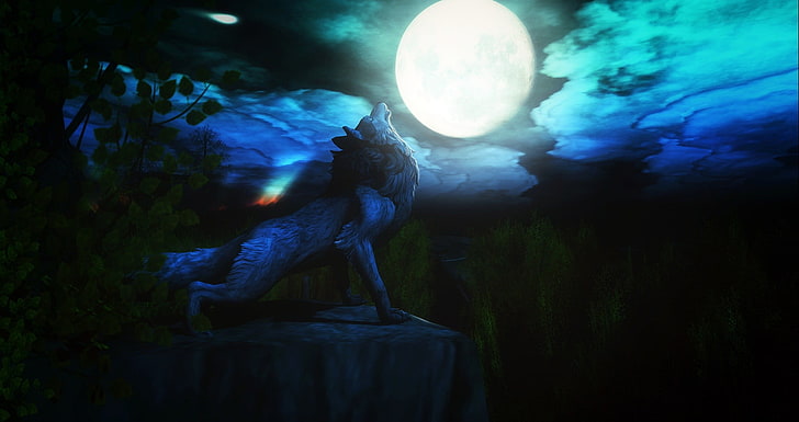 Schwarzweiss-Fisch mit Aquarium, Fantasiekunst, Mond, Grafik, Wolf, HD-Hintergrundbild