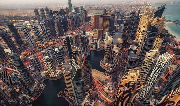 Дубай, Обединени арабски емирства, небостъргачи, градски сгради, Дубай, височина панорама град, Обединени арабски емирства, небостъргачи, HD тапет