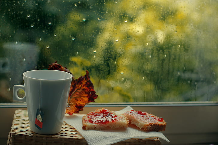 Fönster, kopp, mat, känslor, regn, fönster, kopp, mat, känslor, regn, HD tapet