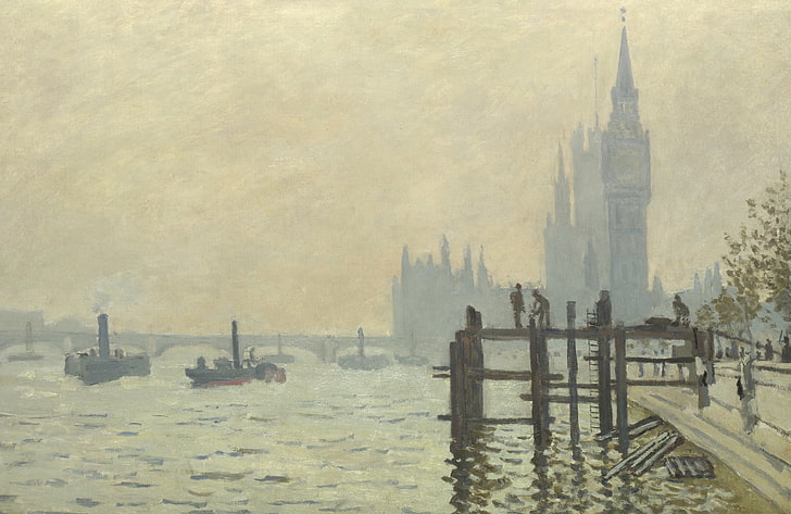 krajobraz, mgła, rzeka, łódź, obraz, Claude Monet, Tamiza w Westminster, Tapety HD