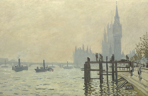 пейзаж, туман, река, лодка, картина, Клод Моне, Темза в Вестминстере, HD обои HD wallpaper