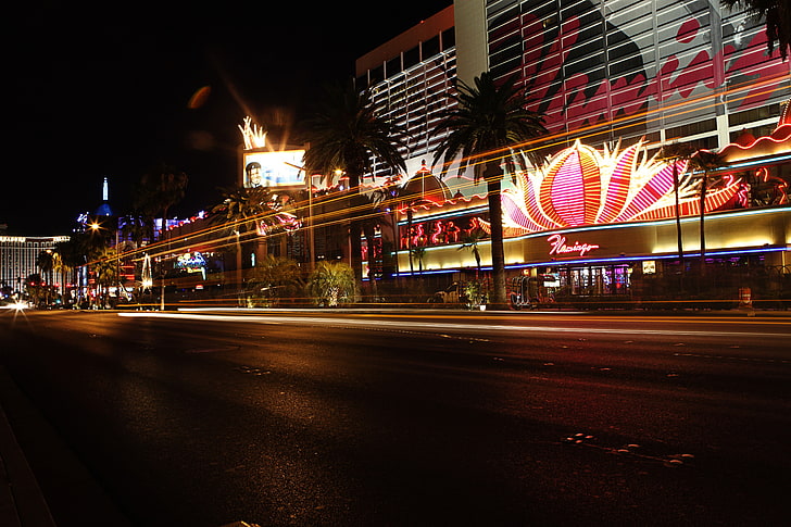 Las Vegas, światła, znaki, pejzaż miejski, noc, długa ekspozycja, Tapety HD