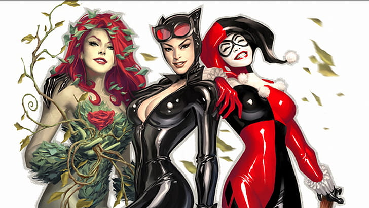 Gotham City Sirens HD, cat woman, harley quin and woman in red hair and green tree dress animated character, comics, city, gotham, sirens, HD wallpaper