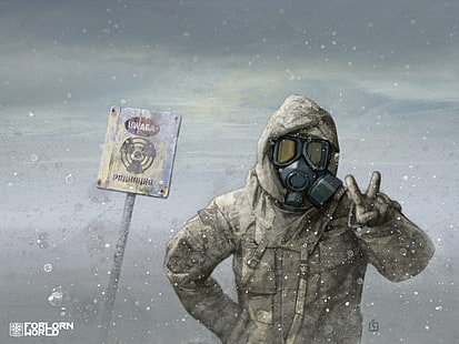 hombre vestido con máscara de gas negra, ilustración, máscaras de gas, signo de la paz, radiactivo, militar, humor, apocalíptico, Fondo de pantalla HD HD wallpaper