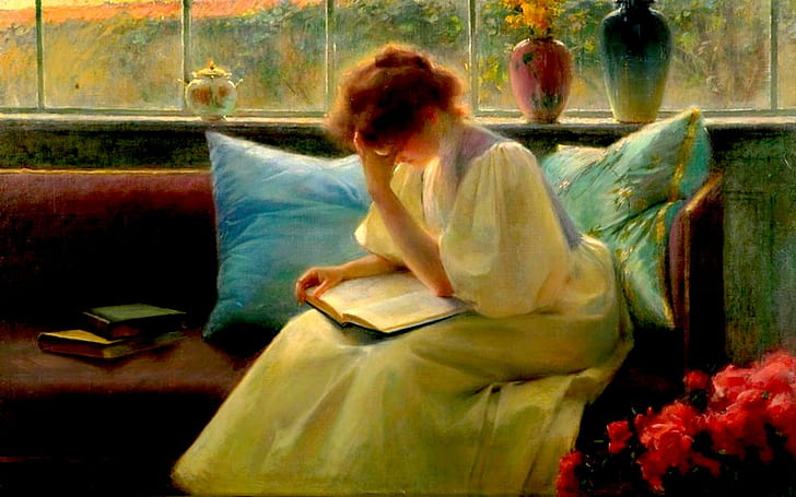 Leitor pensativo, mulher lendo livro pintura, leitura, livro, franz dvorak, pintura, noite, 3d e abstrato, HD papel de parede
