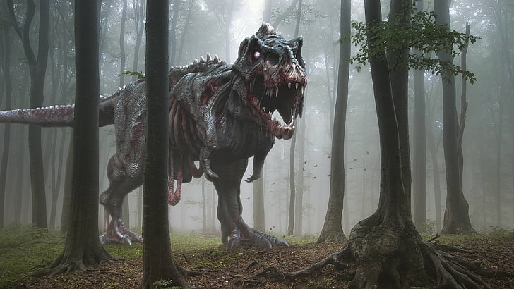 серая иллюстрация T-Rex, лес, деревья, страх, пасть, зомби, динозавр, HD обои