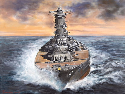 artwork, ship, warship, Battleship, military, Yamato, HD wallpaper HD wallpaper