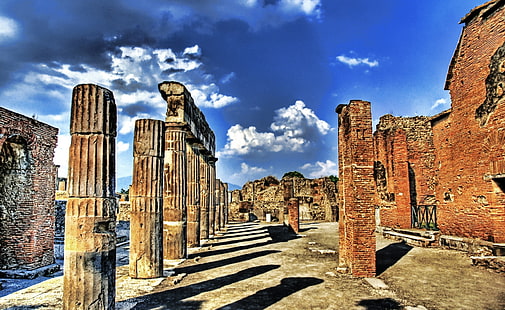 Голубое небо Помпеи, коричневые бетонные столбы, Aero, Creative, Руины, Италия, руины Помпеи, HDR, Помпеи, HD обои HD wallpaper