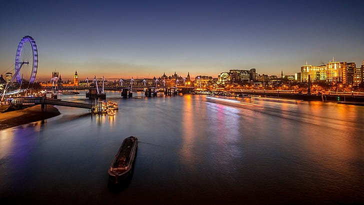Inggris, London, kota, lanskap kota, sungai, Sungai Thames, kincir ria, London Eye, jembatan, lampu, lampu kota, Big Ben, Wallpaper HD