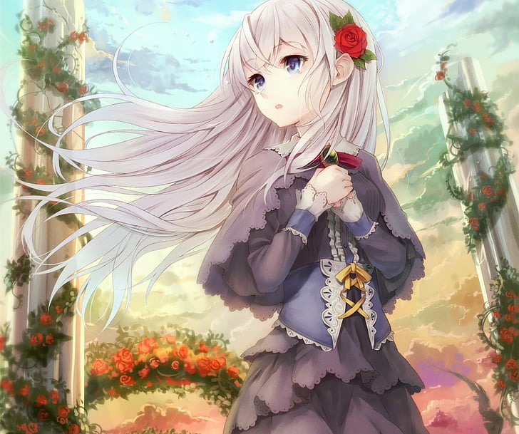 Anime, Original, Blue Eyes, Flower, Long Hair, Rose, White Hair, HD  wallpaper | Wallpaperbetter