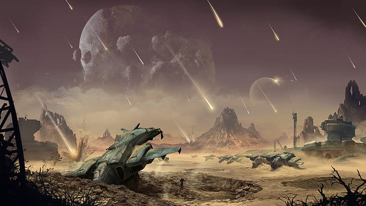 Videospiele, Spielekunst, Halo, Science Fiction, Pelikan (Halo), Wüste, Planet, zerstört, Ruinen, Meteorit, HD-Hintergrundbild