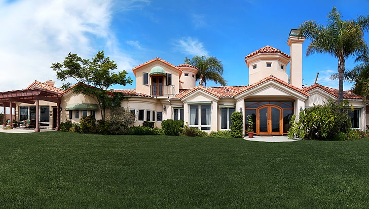 grass, house, palm trees, CA, USA, mansion, the bushes, lawn, Laguna Niguel, HD wallpaper