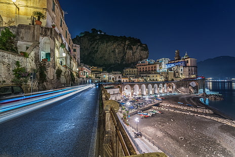 malam, kota, Atrani - Pantai Amalfi, Wallpaper HD HD wallpaper