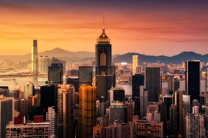 foto dell'Empire State Building, Hong Kong, tramonto, edifici, grattacieli, Sfondo HD