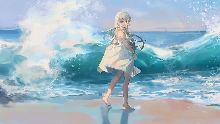water, rainbows, beach, long hair, white hair, blue eyes, HD wallpaper