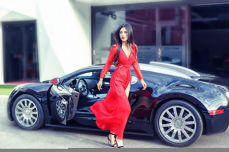 women's red long-sleeved v-neck dress, girl, Bugatti, car, in red, gait, HD wallpaper