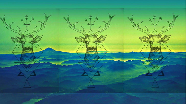 black and green reindeer head painting, nature, animals, digital art, deer, triangle, simple, collage, landscape, mountains, mist, drawing, antlers, abstract, HD wallpaper
