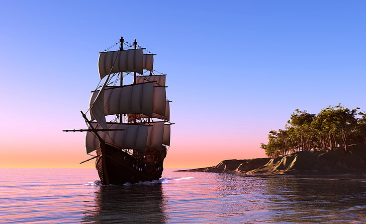 kapal galleon putih, laut, foto, kapal, perahu layar, grafik 3D, Wallpaper HD