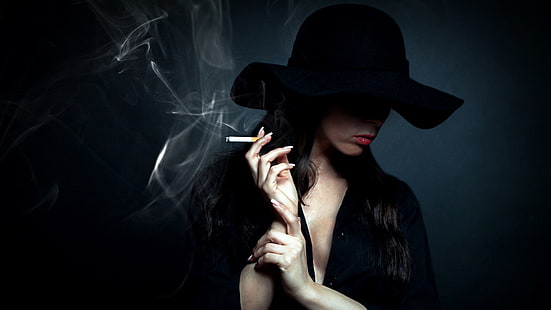 kegelapan, kecantikan, gadis, rambut hitam, malam, wanita, asap, rokok, topi, gaun hitam, Wallpaper HD HD wallpaper