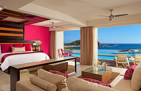 ocean, vacation, sea, pink, Best Hotels of 2015, bed, Secrets Huatulco Resort And Spa, tourism, resort, travel, HD wallpaper HD wallpaper