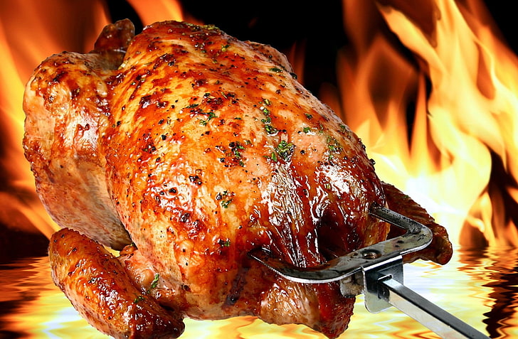 rostad kyckling, eld, grill, grillad kyckling, HD tapet