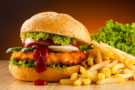 Frites et burger, hamburger, frites, restauration rapide, Fond d'écran HD HD wallpaper