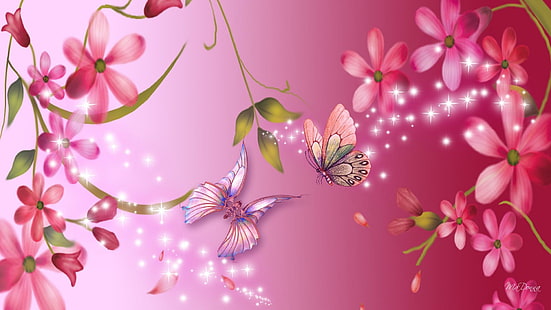 밝은 분홍색, 별, 자주색, 밝은, 꽃잎, 스파클, 꽃, 라벤더 나비, 분홍색, 3D 및 초록, HD 배경 화면 HD wallpaper