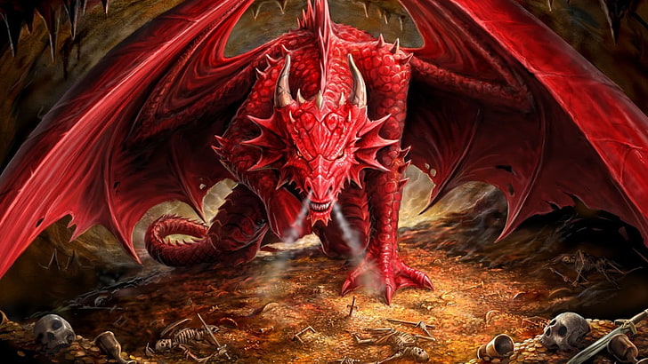 röd drake tapet, Dragon, stilig, The Hobbit, Smaug, Dragon's Lair. Anne Stokes, Ironshod, HD tapet