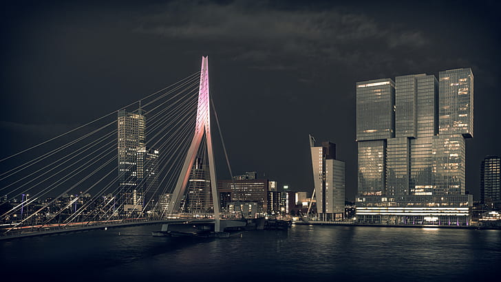 архитектура, сграда, Холандия, река, мост, нощ, градски пейзаж, небостъргач, Ротердам, HD тапет