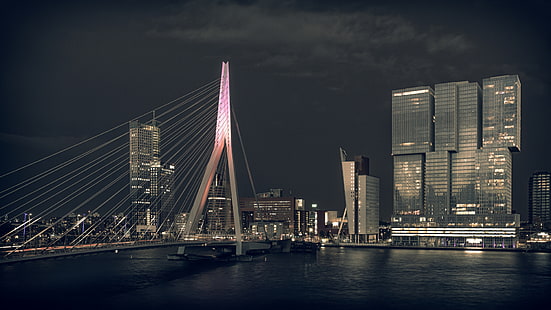 arsitektur, bangunan, Belanda, sungai, jembatan, malam, lanskap kota, gedung pencakar langit, Rotterdam, Wallpaper HD HD wallpaper