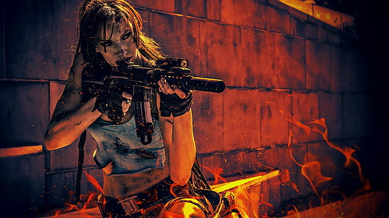kvinnors videospel vapen cosplay Tomb Raider Lara Croft M416 Jennifer Finaldi Videospel Tomb Raider HD Art, kvinnor, Lara Croft, Cosplay, Guns, Videospel, Tomb Raider, HD tapet HD wallpaper