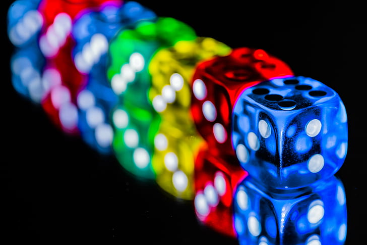 blue, green, red, and yellow dice on black surface, HMM, Colorful, Dices, blue, green, red, yellow, dice, black, surface, All in a Row, Macro, Mondays, ILCE-7M2, Tamron, 90mm, F2.8, Bokeh, gambling, leisure Games, HD wallpaper