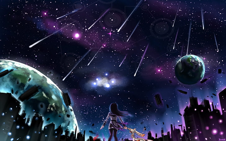 Anime, Puella Magi Madoka Magica, Homura Akemi, Kyubey (Puella Magi Madoka Magica), Night, HD wallpaper