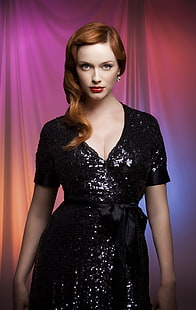 Christina Hendricks, women, redhead, actress, black dress, HD wallpaper HD wallpaper