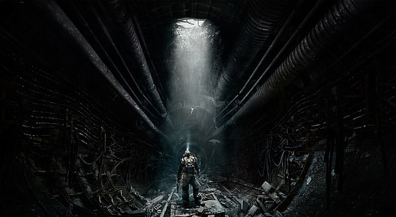 persona nel tunnel con buco sfondo digitale, videogiochi, metropolitana, Metro: Last Light, luci, Sfondo HD HD wallpaper