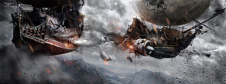 fliegende Kriegsschiffe digitale Tapete, Seeschlacht, Segelschiff, Piraten, Alexader Koshelkov, HD-Hintergrundbild