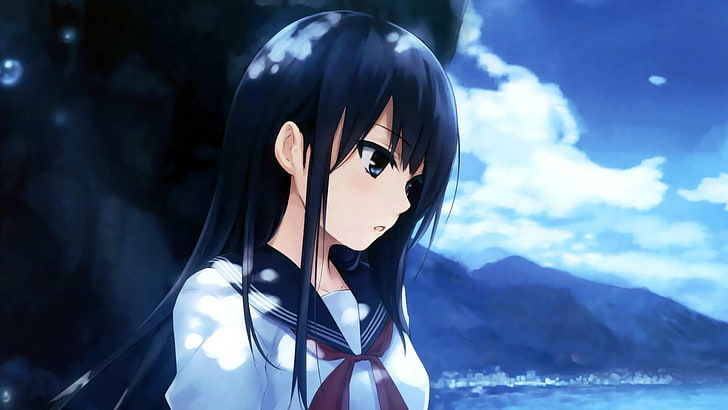иллюстрация черноволосого женского персонажа, аниме девушки, школьная форма, Coffee-Kizoku, оригинальные персонажи, темные волосы, горы, небо, облака, глядя в сторону, челка, голубые глаза, открытый рот, соло, длинные волосы, HD обои