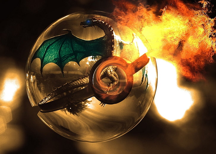 Abbildung eines grünen Drachen, Pokémon, Charizard (Pokémon), Drache, Feuer, Flamme, Pokeball, HD-Hintergrundbild