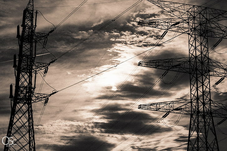 Monochrom, Stromleitungen, Wolken, Strommast, HD-Hintergrundbild
