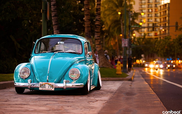 mavi Volkswagen Beetle coupe, sokak, böcek, klasik, tuning, Volkswagen, duruş, Volkswagen Beetle, HD masaüstü duvar kağıdı