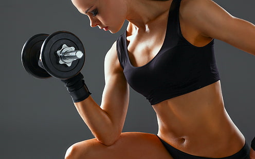 Women arms workout, women's black bralette, woman, arms, workout, fitness, dumbbell, HD wallpaper HD wallpaper