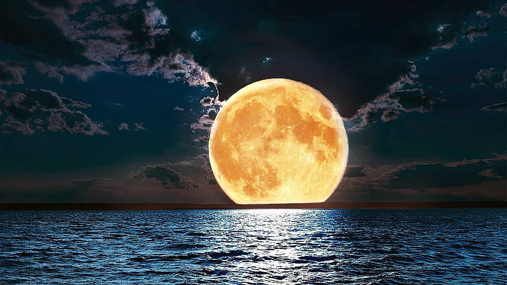 księżyc, niebo, światło księżyca, pełnia księżyca, morze, horyzont, supermoon, Tapety HD