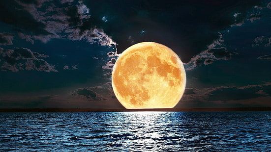 луна, небо, лунный свет, полная луна, море, горизонт, супермун, HD обои HD wallpaper