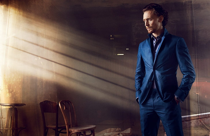 men's blue notched lapel suit jacket, blue, chairs, costume, actor, male, Tom Hiddleston, HD wallpaper